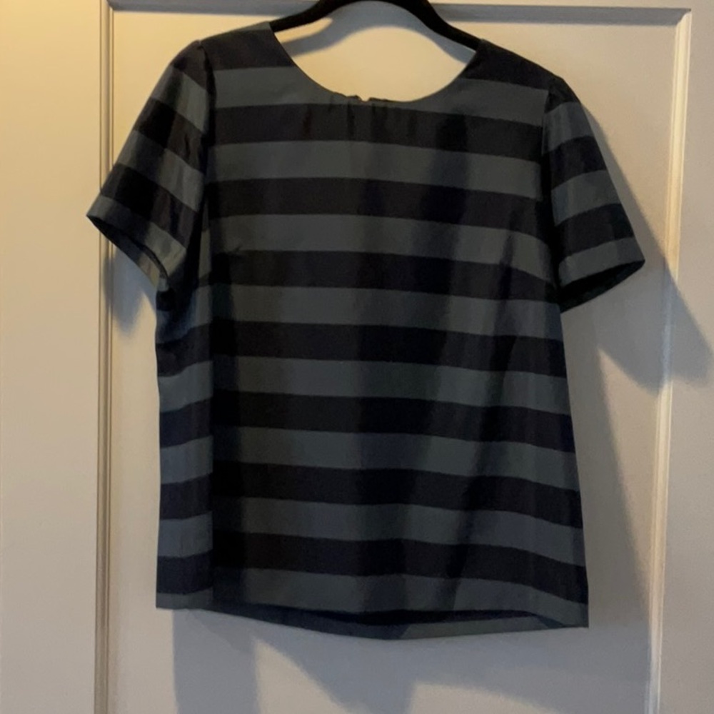 Pleione Black and Gray Striped Crew Neck Short Sleeve Blouse